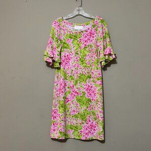 Cappagallo Pink Lime Green Erika Floral Print Ruffle Sleeve Dress Size S